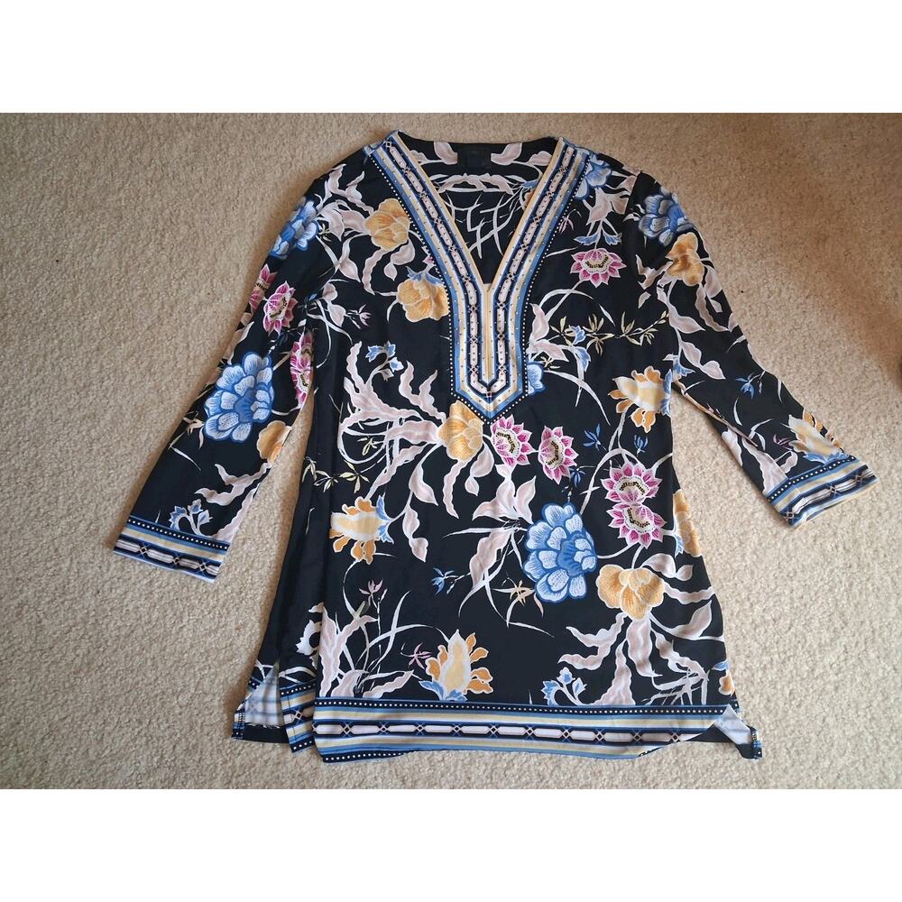 JM Collection Black Floral 3/4 Sleeve V-Neck Woven Tunic Blouse S Polyester